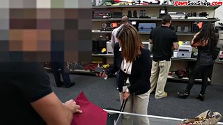 Busty pawnshop amateur sucks before sex out the back of shop