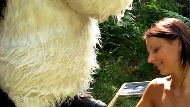 Sex in the forest with a huge toy panda