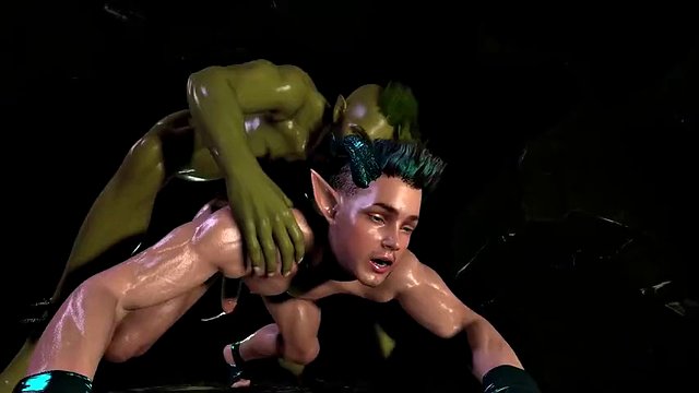 3D Futanari Orc fucks the young satyr in the cave