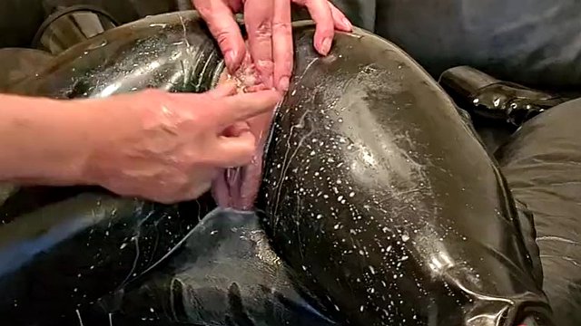 Orgasm slut slave Celeste in latex stretch holes enema