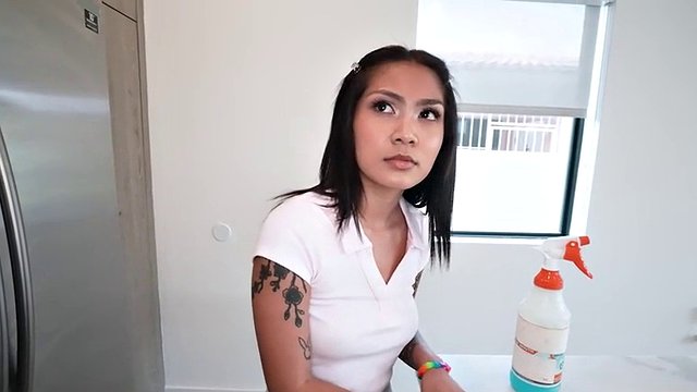 Petite inked Asian maid banged by BBC after deep throat