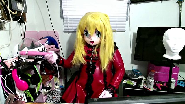 Kigurumi in latex, sissy maid breath play and vibrator