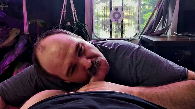 Big Daddy Bubba rubs his nice mustache on the sexy bear's thick cock then gets face fucked, jerks off and sucks cum 4K