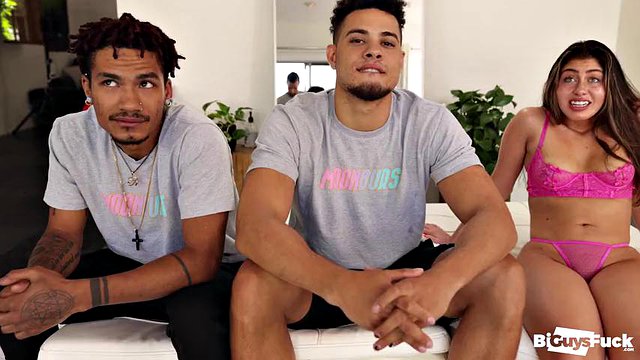 PAWG teen Enola's cheeks clapped by two bbc bi-guys!