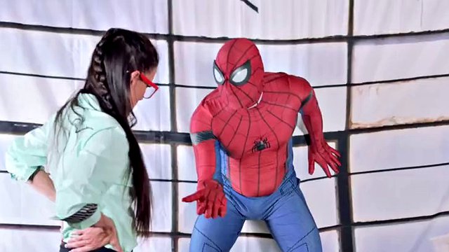Naughty aunty Sofie Marie sucks Spiderman's huge hard cock