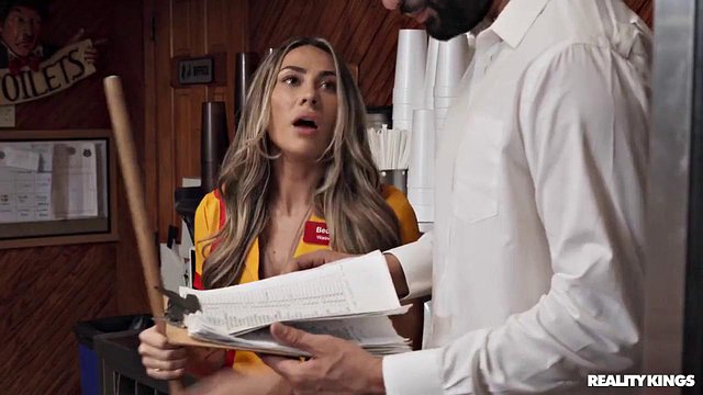 Mackenzie Mace Strips for Public Blowjob in Uniform Bathroom