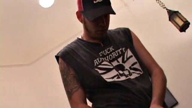 Pierced punk Elijah Mageddon drops his pants and gets to work on his dick. After stroking his hard dick in the porn video, he pumps his warm load of cum onto the skateboard.