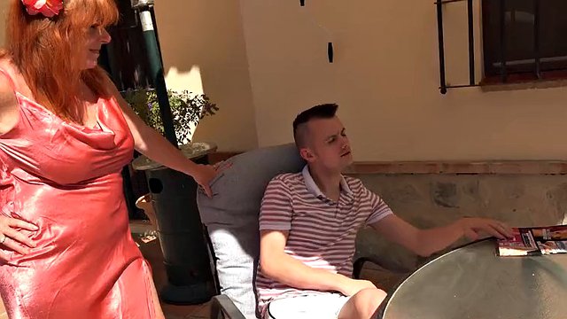 AuntJudysXXX - Busty mature stepmom Melanie seduces her stepson on the terrace