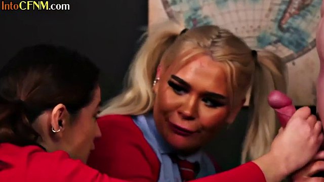 CFNM college sluts suck and jerk professor's cock in class