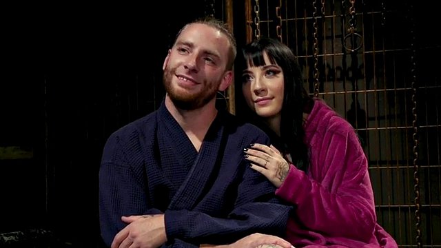 21 year old woman in latex sits on BDSM sub's face and squeezes his balls