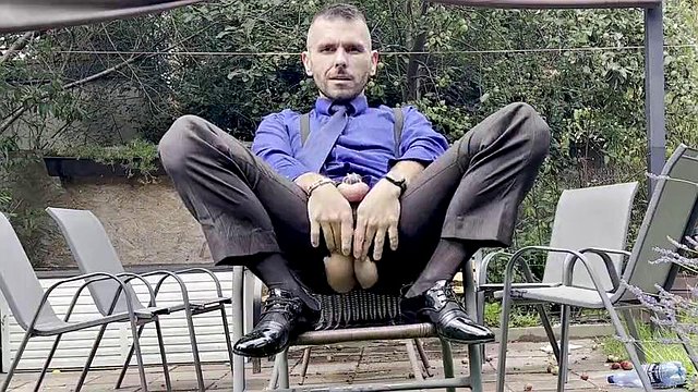 Suited Man With Locked Dick Is Playing With His Man Cunt And Pissing In Public In Sheer Socks