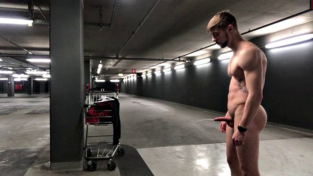 German boy dude public parking garage naked outdoor cum jerk off masturbation small dick dick big muscle athletic young