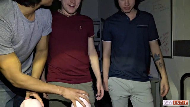 Blonde boy gets three big dicks for a full gangbang play