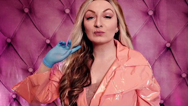 ASMR: blue nitrile gloves fetish - hot sounding - MILF in pink PVC coat (Arya Grander)