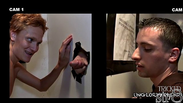 Ein echter Str8-Typ hat keine Ahnung, dass er im Gloryhole einen schwulen Blowjob bekommt