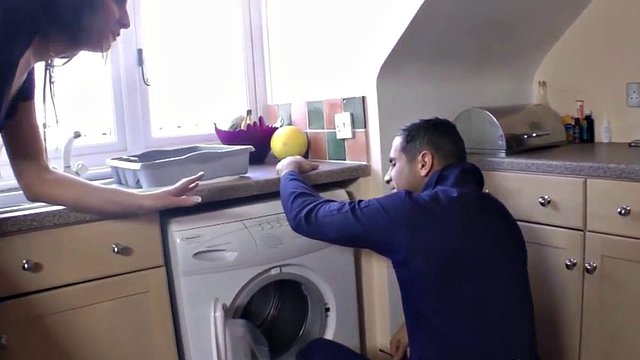 plumber fucks busty brunette in her pussy