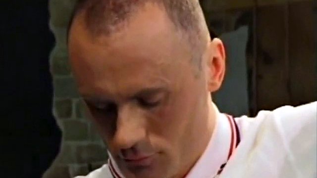 Hardcore gay threesome with muscular bald studs ramming butts