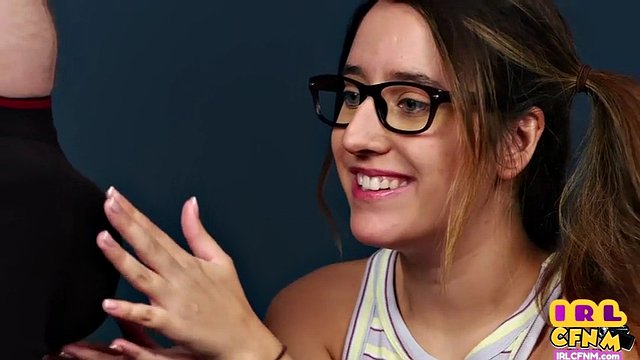 CFNM amateur 21 year old with glasses sucks cock until cumshot