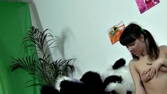 Attractive brunette girl seducing Panda bear